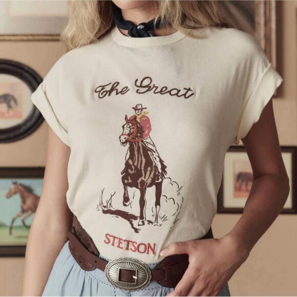 THE GREAT. Tops - NEW THE GREAT. stetson graphic boxy crew top in washed white
